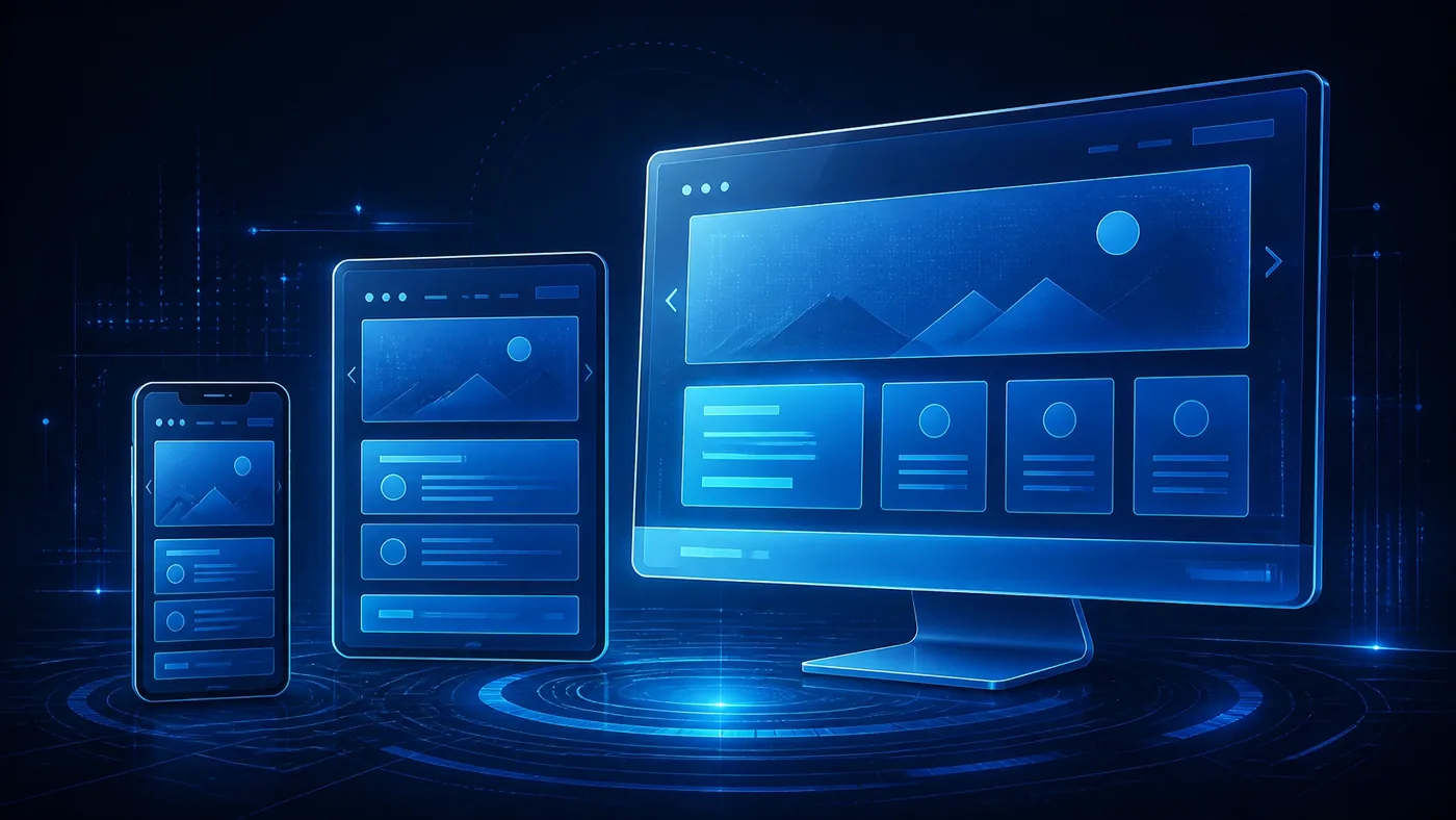 High-tech digital illustration of a translucent holographic website layout floating above a digital hand with electric blue glow