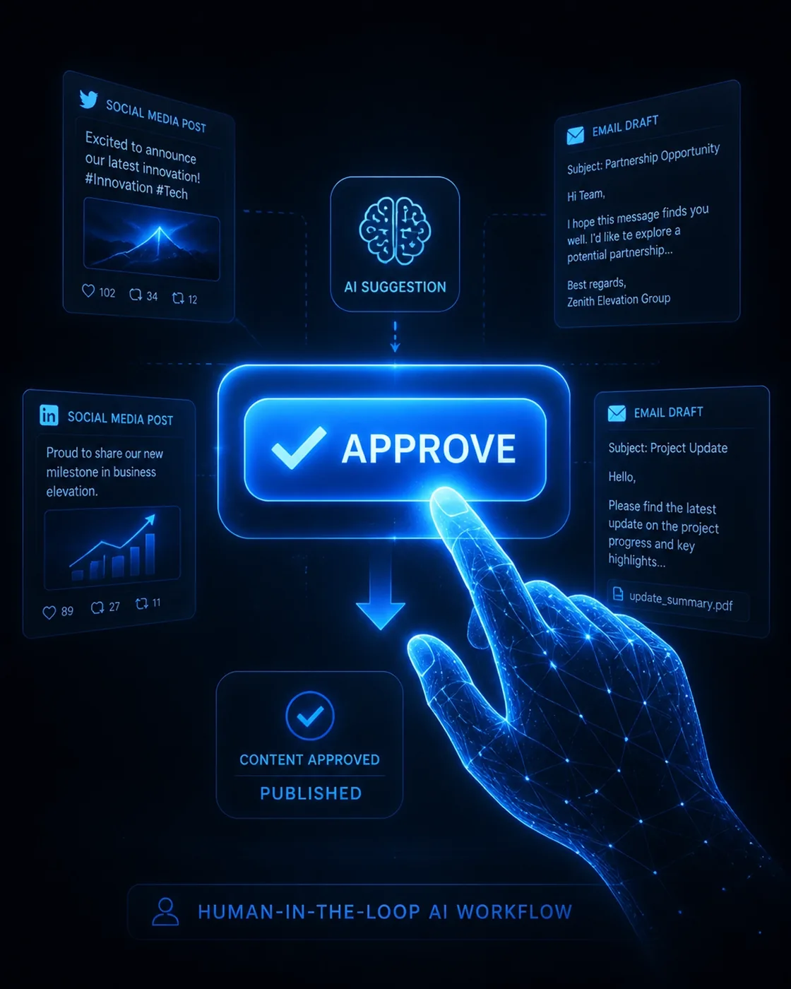 A digital illustration representing a human-in-the-loop AI approval process with a glowing button and floating digital content cards.