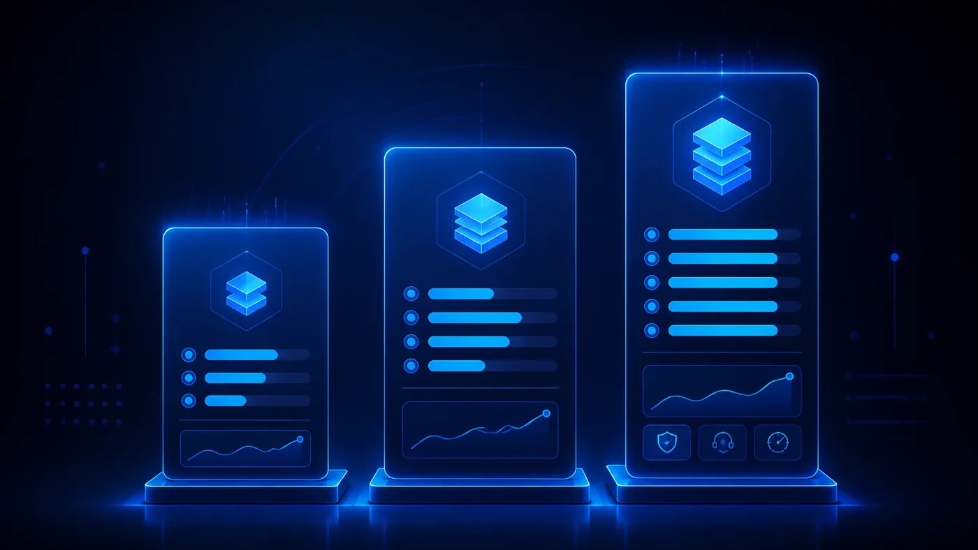 High-tech digital illustration showing three ascending digital pillars representing Starter, Growth, and Premium packages with glowing status bars