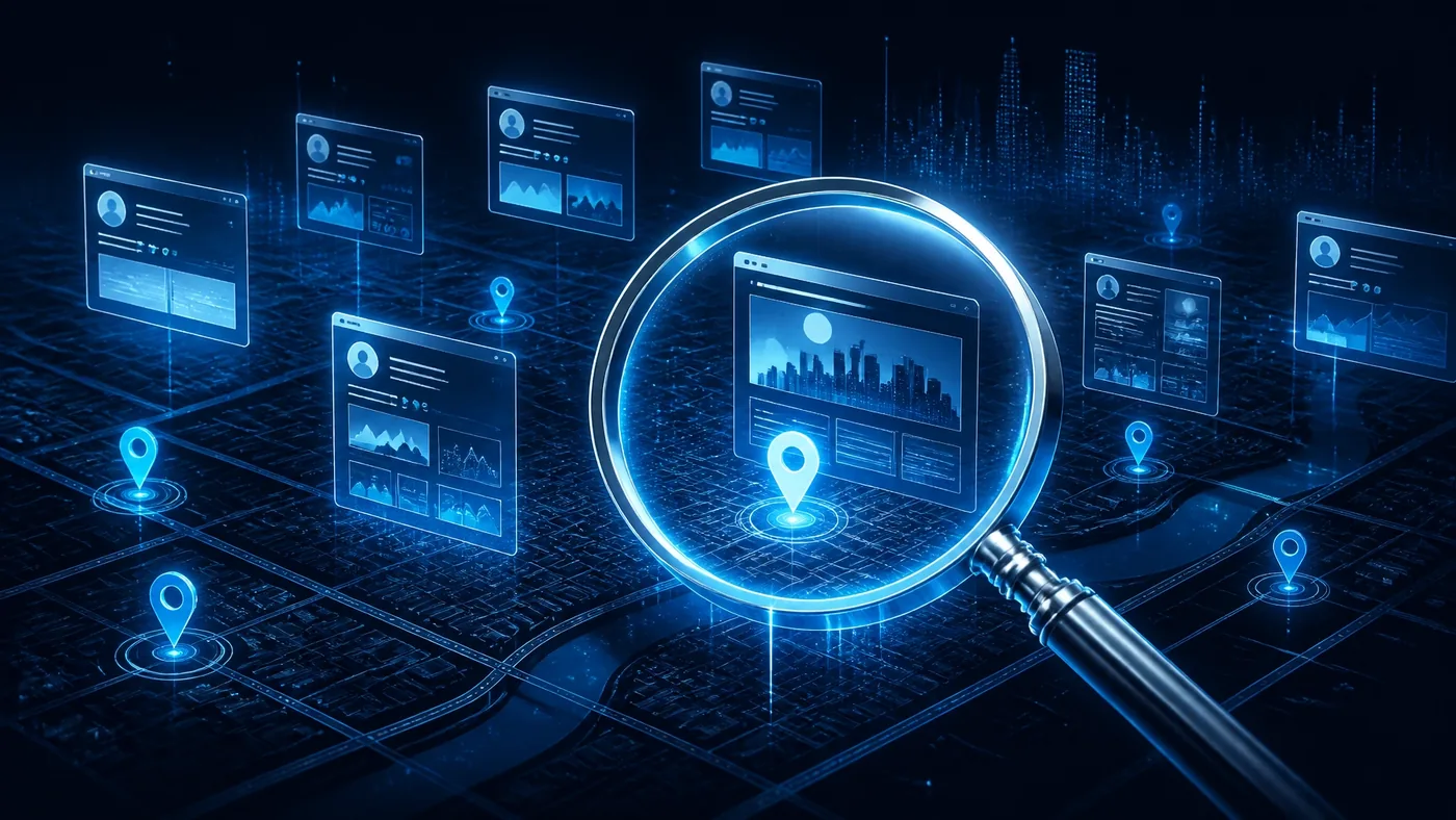 High-tech digital illustration of a digital magnifying glass scanning a holographic grid of Tulsa business logos on a dark gradient background