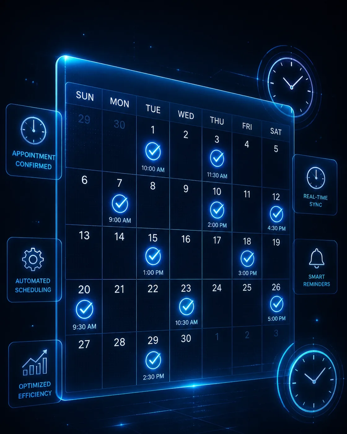A high-tech digital calendar with holographic clock icons and glowing electric blue checkmarks indicating automated appointments.