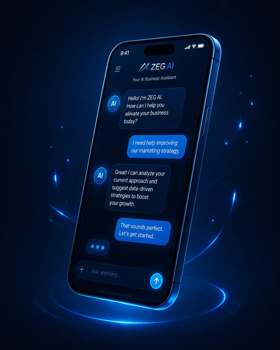 A vector illustration of a smartphone with a glowing AI chat interface on a dark blue background.