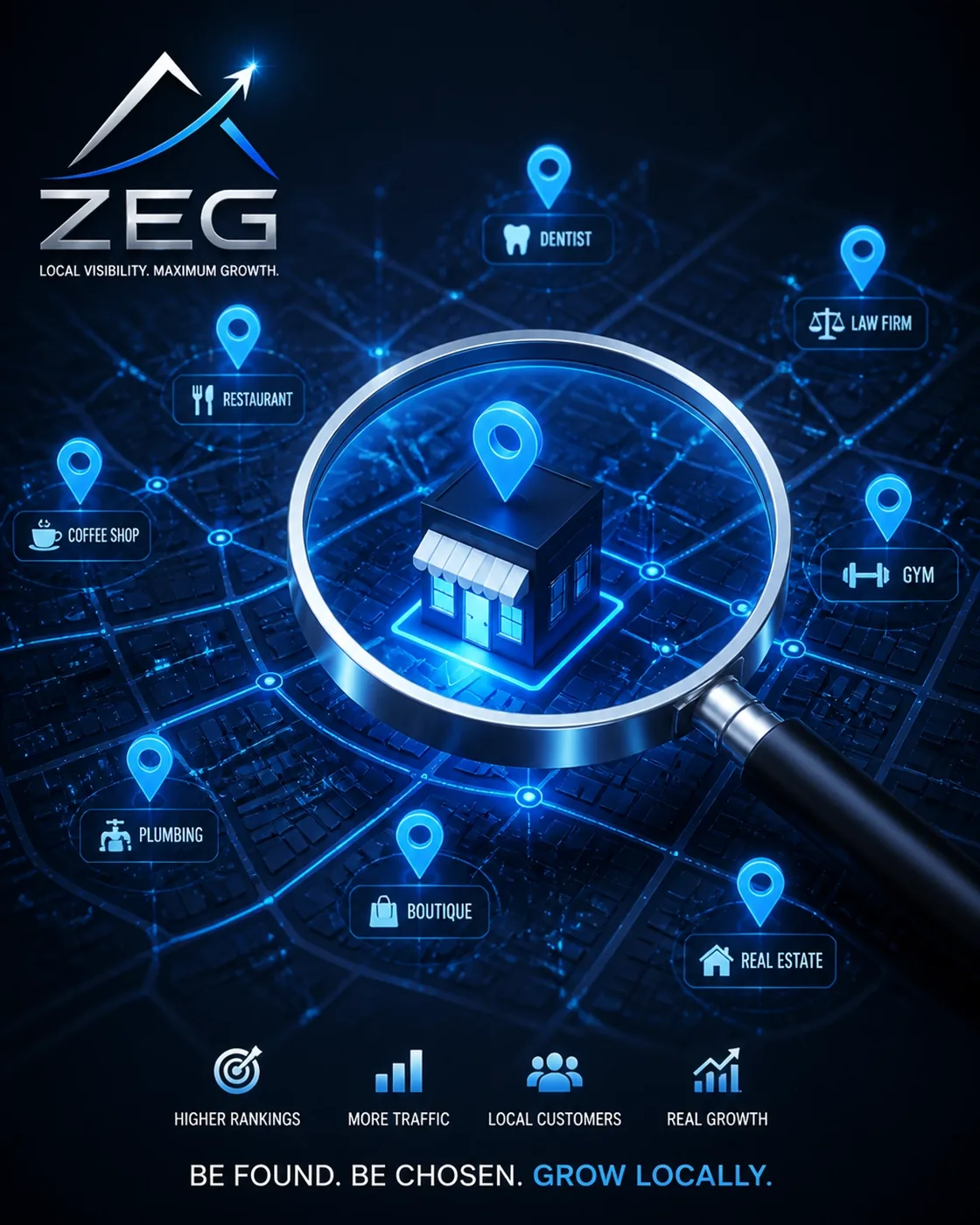 A glowing digital map of local businesses under a magnifying glass representing advanced SEO