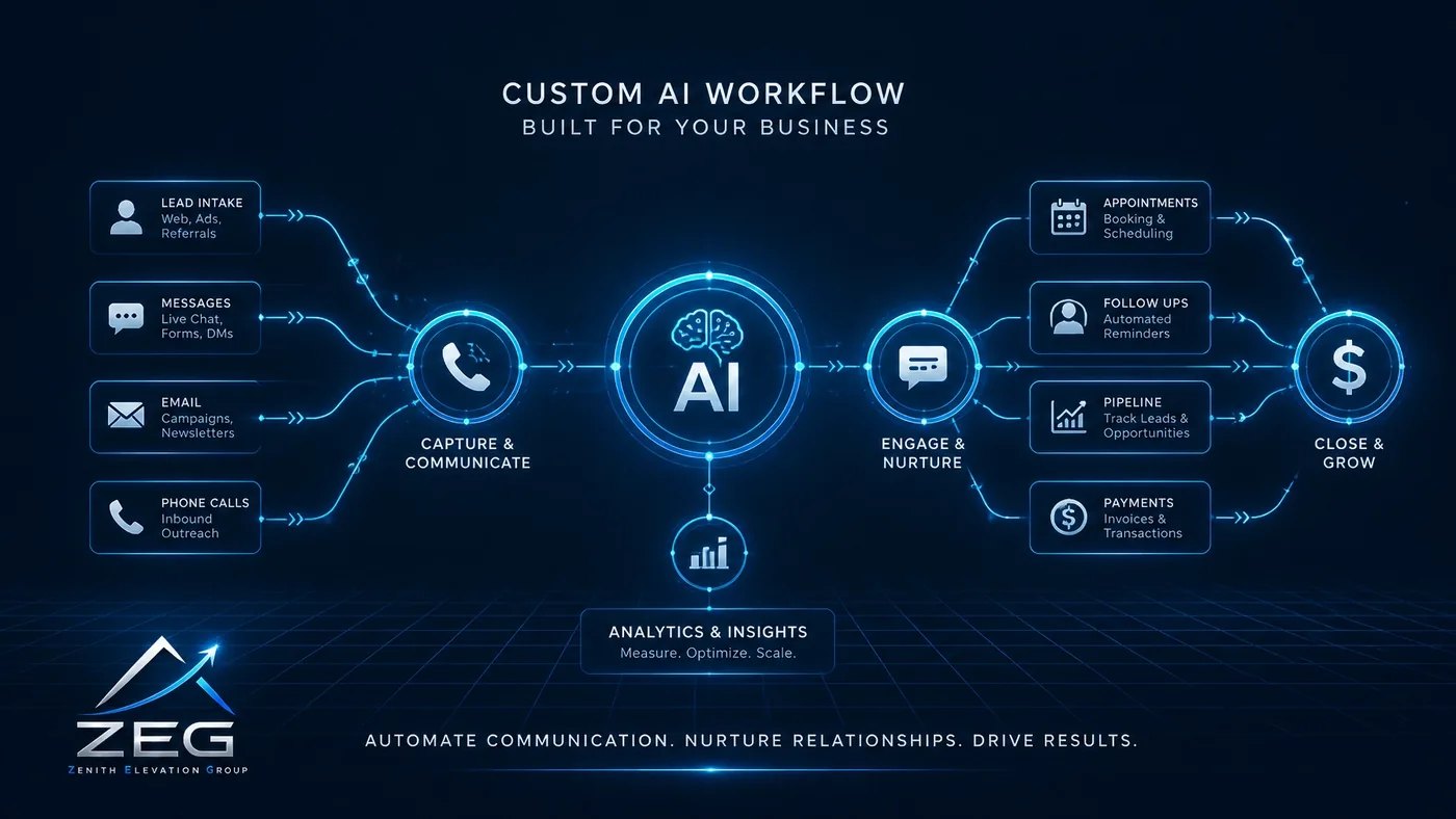 A wide-angle illustration of interconnected glowing nodes representing an AI workflow for a small business.