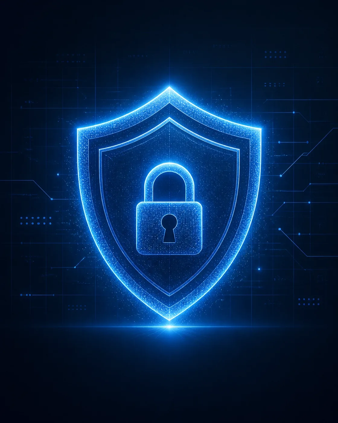 High-tech digital illustration of a glowing shield symbol representing robust digital security